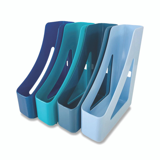 CW Office 5 Star Magazine File Cool Breeze PK4, four colorful magazine holders in shades of blue and teal.