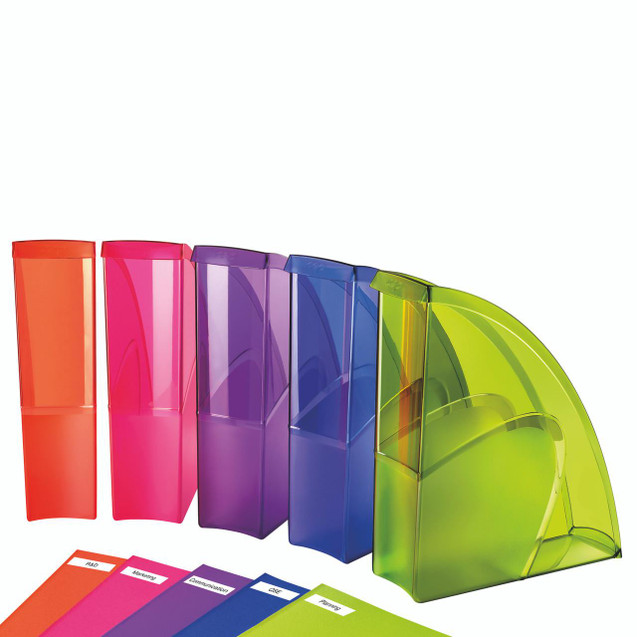 CW Office Cep Mag File Mcol PK5, set of five colorful plastic magazine files in orange, pink, purple, blue, and green for organized office or home storage.