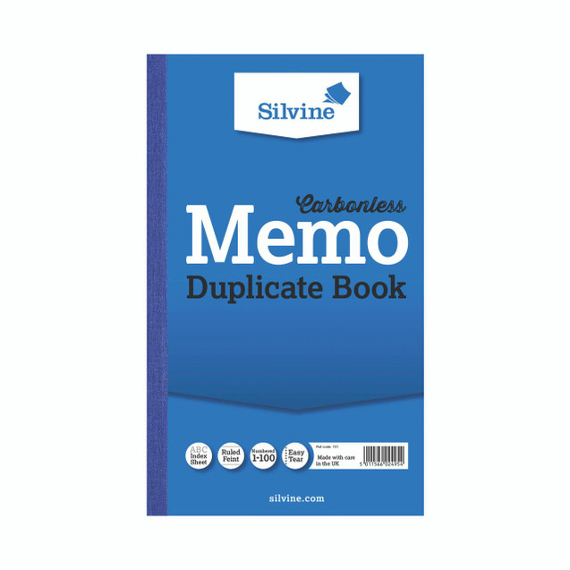 CW Office Silvine Dupl Memo Book 701-T PK6, blue cover with white and black text, featuring icon symbols for index sheet, ruled fine paper, numbered 1-100, and easy tear design.