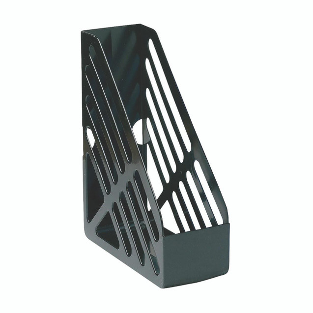CW Office Magazine Rack File Foolscap Black, black metal magazine rack with a modern design and elongated cutouts for organizing letters and files.