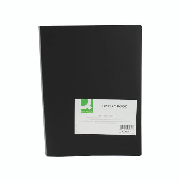 CW Office Q-Connect Display Book 40 Pocket BLK, black presentation display book with 40 transparent pockets.