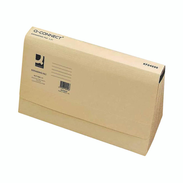 CW Office Q-Connect Expanding File 31-PKT Man, beige sturdy cardboard file with barcode and label for organization.
