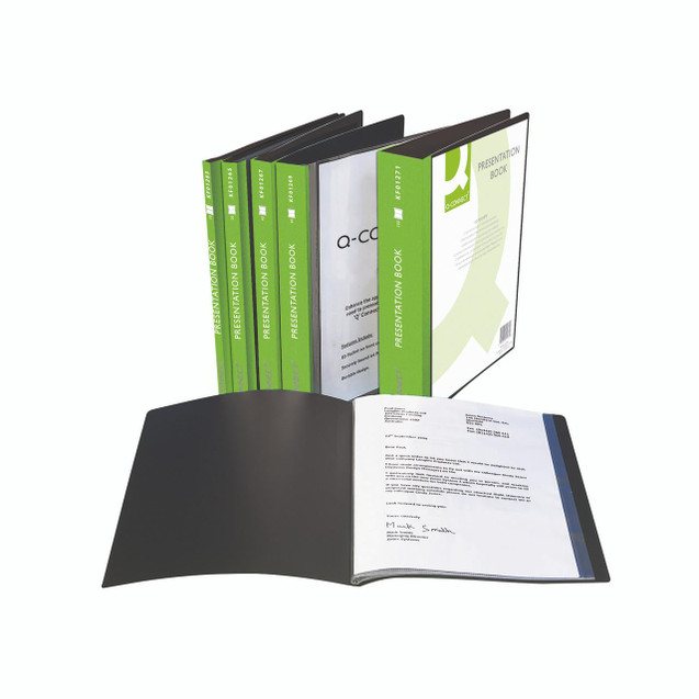 CW Office Q-Connect Pres Dsp Book 10PKT BLK, image showing a pack of black presentation books with green accents and an open presentation book displaying a document inside.