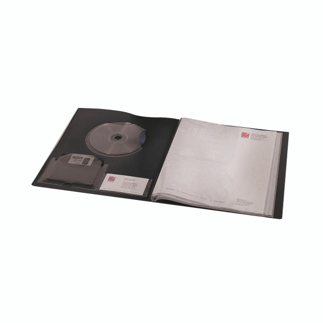 CW Office Rexel Clearview Disp Book 24 Pkt A4, an open binder with transparent pockets containing business cards, CDs, and documents for office organization.