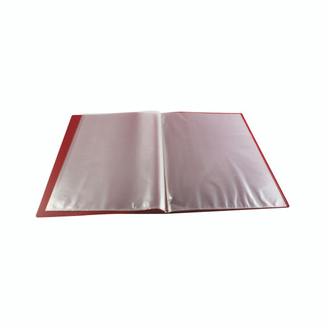 CW Office Q-Connect Display Book 10 Pocket Red, open red display book with transparent plastic pockets for organizing documents.