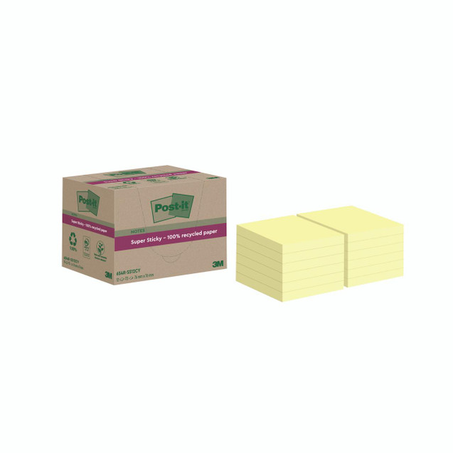Post-It Office Super Sticky Post-It Notes Recycled Paper, 76x76 mm, Yellow, Pack of 12, for office organization and note-taking.