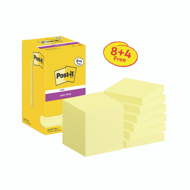 CW Office Post-It S/Stick 76X76 90S C/Ylw PK12, yellow stack of sticky notes with packaging, anti-slip adhesive notes, 8+4 free offer displayed.