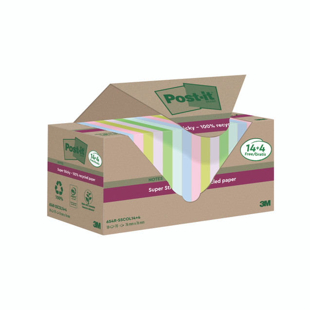 Post-It S/S Recycle 76X76 ASST PK18