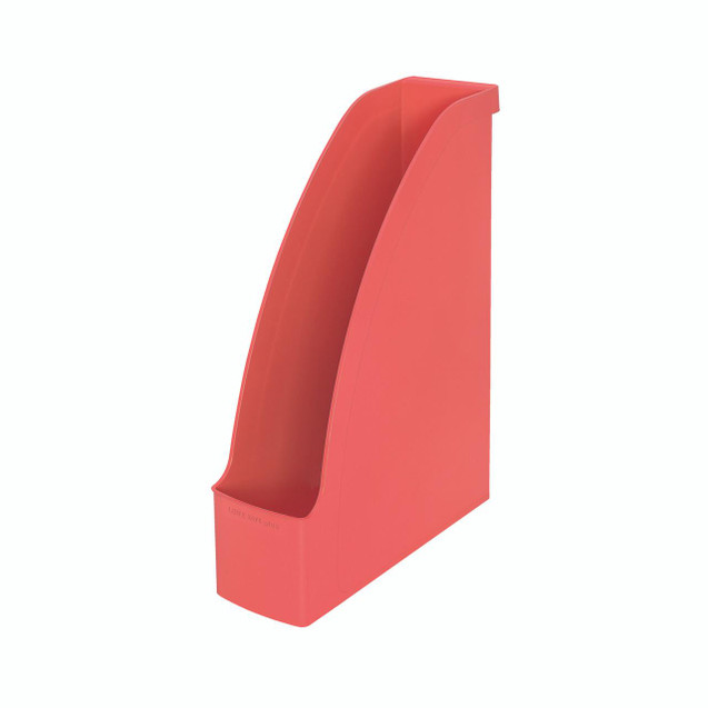 CW Office Leitz Recycle Magazine File A4 Red, a red plastic magazine organizer with an open front, designed for holding A4-sized magazines or documents.