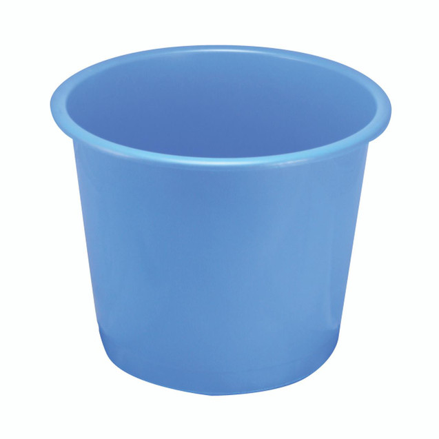 CW Office Q-Connect Waste Bin 15L Blue, a round plastic waste bin in blue color with a smooth surface and an open top suitable for office waste disposal.