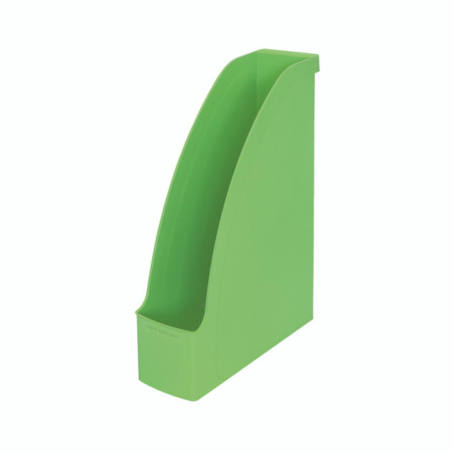 CW Office Leitz Recycle Magazine File A4 Green, a tall environmentally friendly green magazine file with an open top and sturdy design for organizing documents.