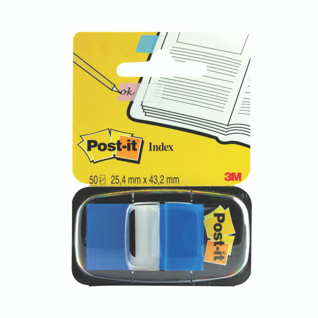 CW Office 3M Post-It Index Blue X50 + Disp, pack of 50 blue index tabs with dispenser for marking and organizing documents.