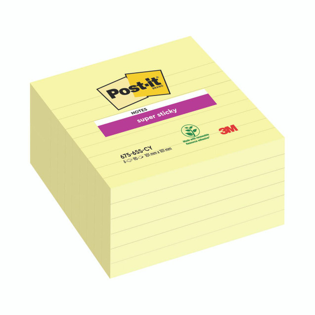 CW Office Postit Notes Ylw Lined 101X101 P6, yellow lined sticky notes in a stack with Post-it branding and purple note label, ideal for office use.