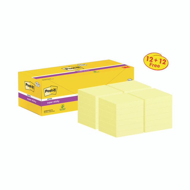 CW Office Post-It S/Stick 76X76 90S C/Ylw PK24, image of a box of yellow sticky notes with a stack of the notes in front of the box.