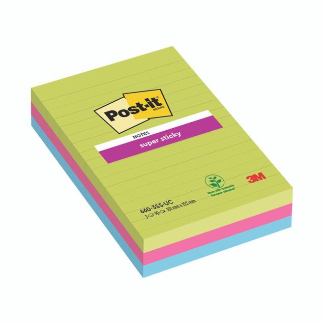 Product CW Office Post-It S/Sticky Ruled 101X152MM PK3, image of a pack of yellow, pink, and blue ruled sticky notes with Post-it branding and 3M logo.