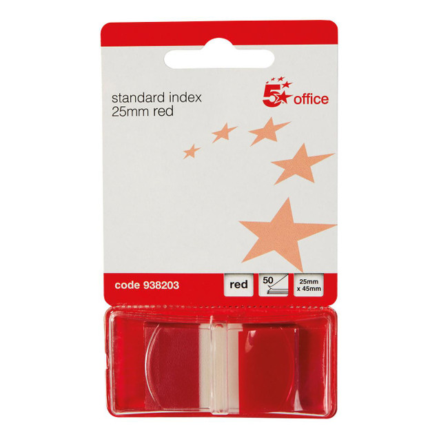 CW Office Index Flags 25X45MM 50 Flags/Pad Red, product packaging with red index flags and star designs, suitable for office organization and marking.