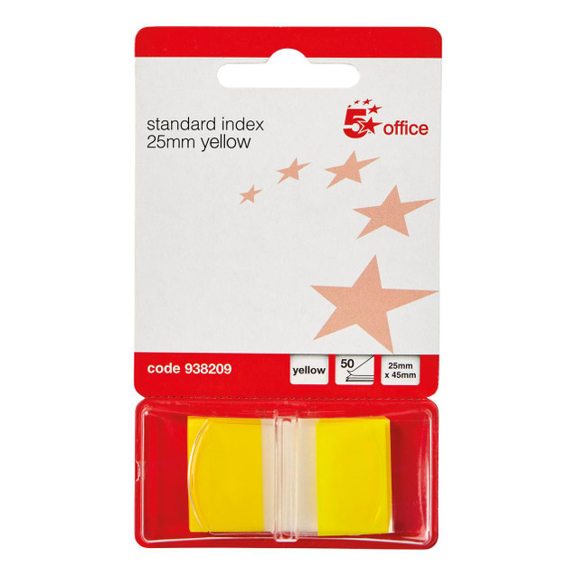 CW Office Index Flags 25X45MM 50 Flags/Pad Ylw, yellow index flags with 25mm x 45mm size in a pack of 50 flags for office organization and filing.