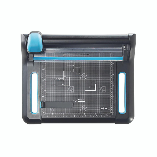CW Office Avery A4 Precision Trimmer 340, A professional paper trimmer with a black and blue design featuring a clear grid cutting surface and adjustable cutting guide.