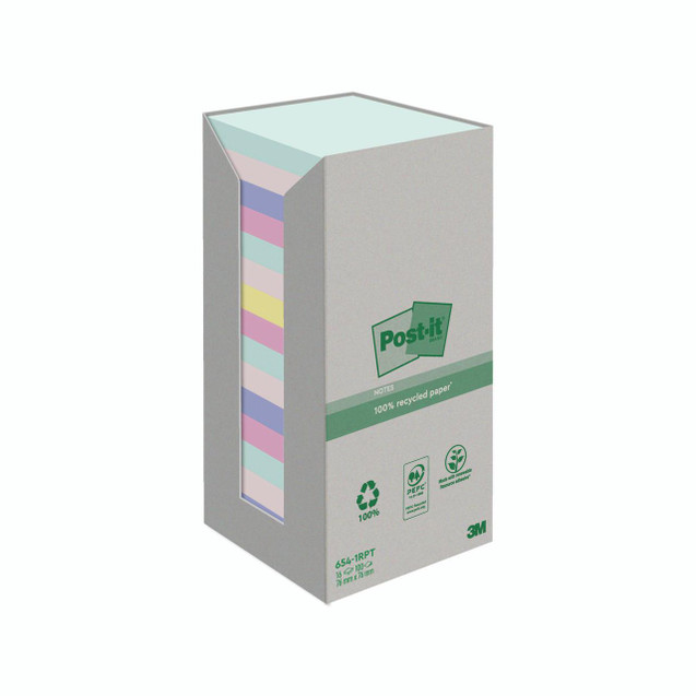 CW Office Post-It Recycled ASS 76X76 X100 PK16, a box of 3M branded eco-friendly recycled paper sticky notes in various pastel colors.