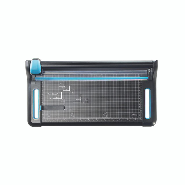 CW Office Avery A2 Precision Trimmer 640, electronic paper cutter with metal grid base and safety guard, black and blue accents for precise paper trimming.