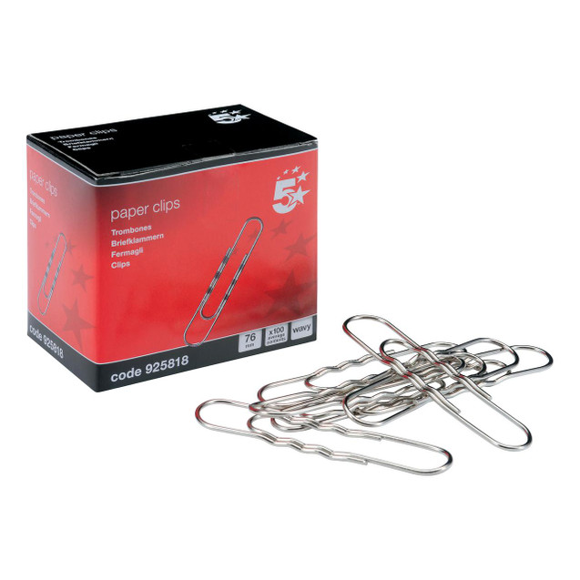 CW Office Paperclip Wavy Giant 76MM PK100, a box of 100 large, wavy, silver paper clips displayed next to the packaging.