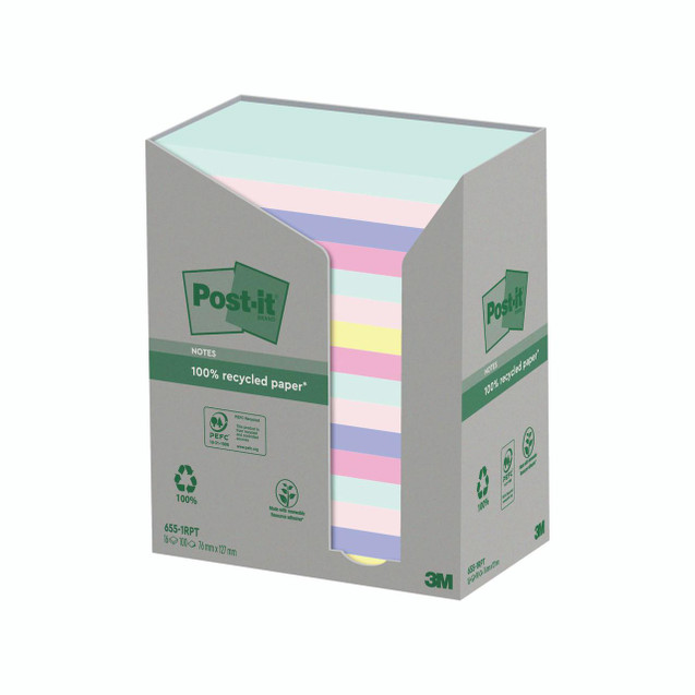 CW Office Post-It Recyc ASS 76X127MM X100 PK16, colorful assorted recycled paper Post-It notes in a box