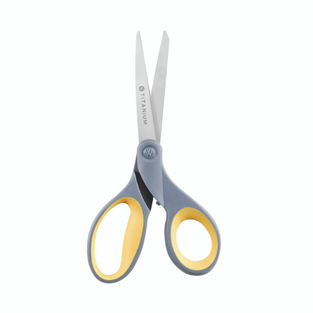 Product CW Office Decree Titanium Scissors 8 Inch, stainless steel scissors with titanium coating, yellow and gray ergonomic handles.