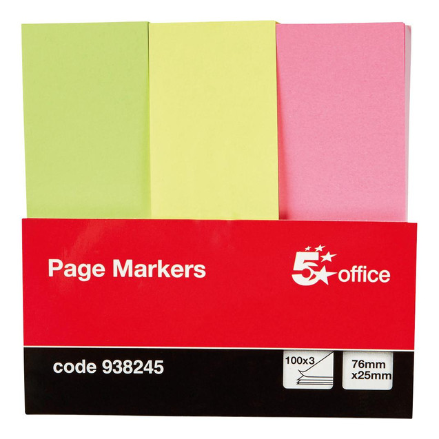 CW Office Index Page Markers 76X25MM AST Neon, pack of colorful neon page markers in pink, yellow, and green with size specifications 76mm x 25mm.