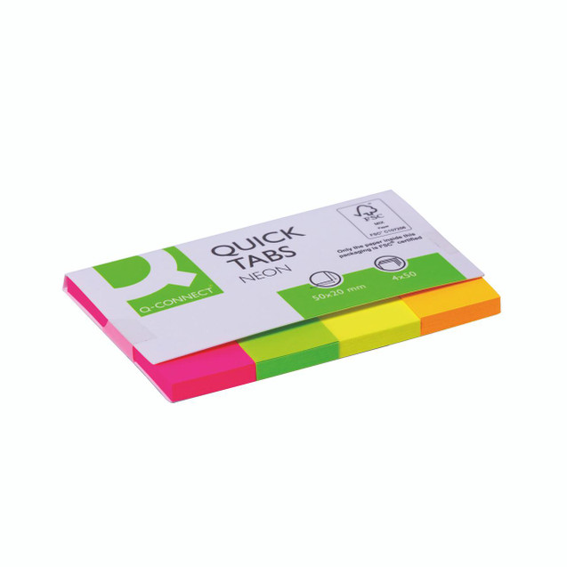 Product CW Office Q-Connect Quick Tabs 20X50 Neo PK200, sticky tabs with colorful pink, orange, yellow, and green edges for organizing documents.