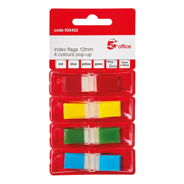 CW Office Index Flags 12X45MM 35 Flags/Colour, image of a pack containing four sets of colored index flags in red, yellow, green, and blue, each set in a transparent plastic case.