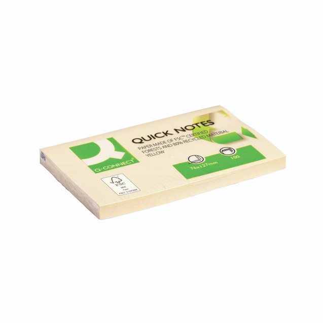 CW Office Q-Connect Quick Notes 76x127mm PK12, yellow sticky notes pad with 100 sheets, eco-friendly recycled paper, compact note-taking paper