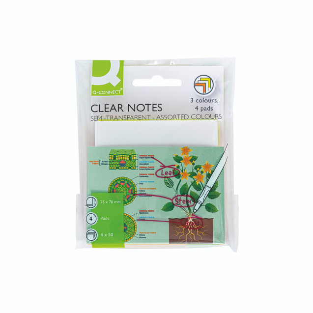 CW Office Q-Connect Clr Notes 76X76MM AST PK4, Pack of four semi-transparent sticky notes with assorted colors displayed in clear plastic packaging.