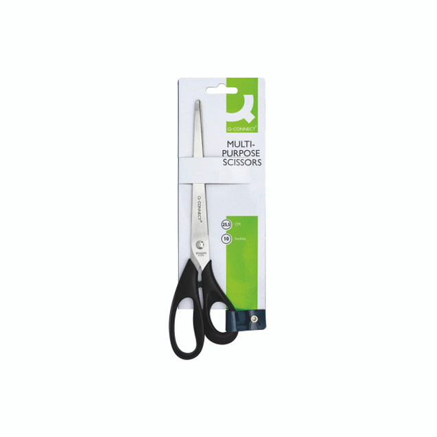 CW Office Q-Connect Scissors 255MM Steel Black, multi-purpose scissors in black-handled design displayed in packaging with product details.