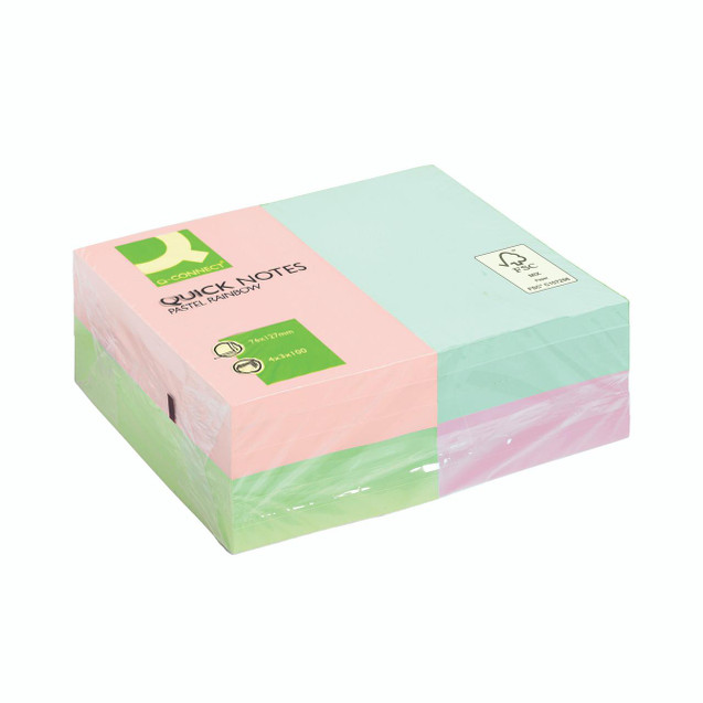 CW Office Q-Connect Quick Sticky Note 76X127, pastel rainbow colored sticky notes in a pack, ideal for notes and reminders.