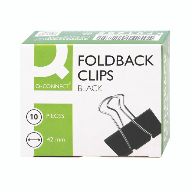 CW Office Q-Connect Foldback Clip 42MM PK10, black metal foldback clips in a box for paper binding.