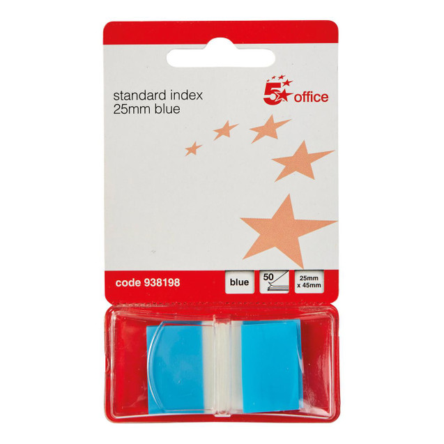 CW Office Index Flags 25X45MM 50 Flags/Pad BLU, pack of 50 blue index flags in a plastic case for office organization and marking.