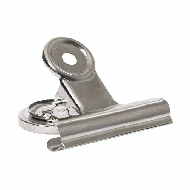 CW Office Q-Connect Mag Grip Clip 50MM SLV PK3, metallic silver fold-back binder clip with a round magnet on top for secure attachment.