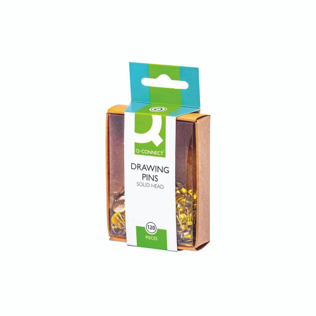 CW Office Q-Connect Drg Pin Solid 10X120 P1200, a box of 120 gold-colored drawing pins with a solid head in a transparent and brown cardboard packaging.
