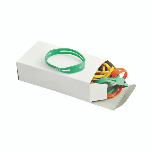 CW Office Qconnect Xband Rubber Bands 100G AST, colorful rubber bands in a white box.