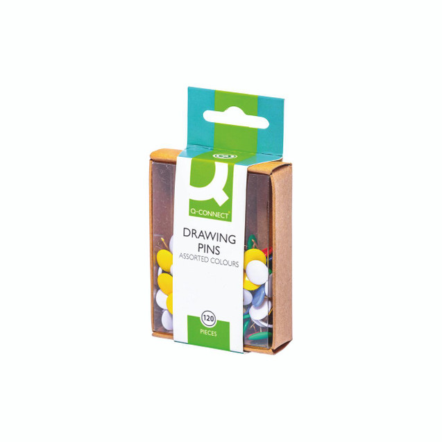 CW Office Q-Connect Drawing Pin Coloured Head, product packaging featuring assorted colored push pins in a cardboard box.