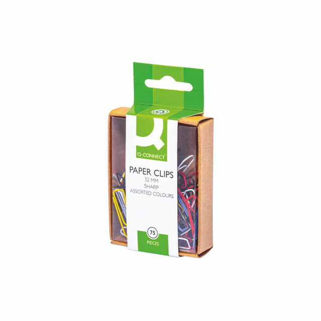 CW Office Q-Connect 32MM Clrd Paperclip PK750, pack of assorted color paper clips in a cardboard box with a green and white label.