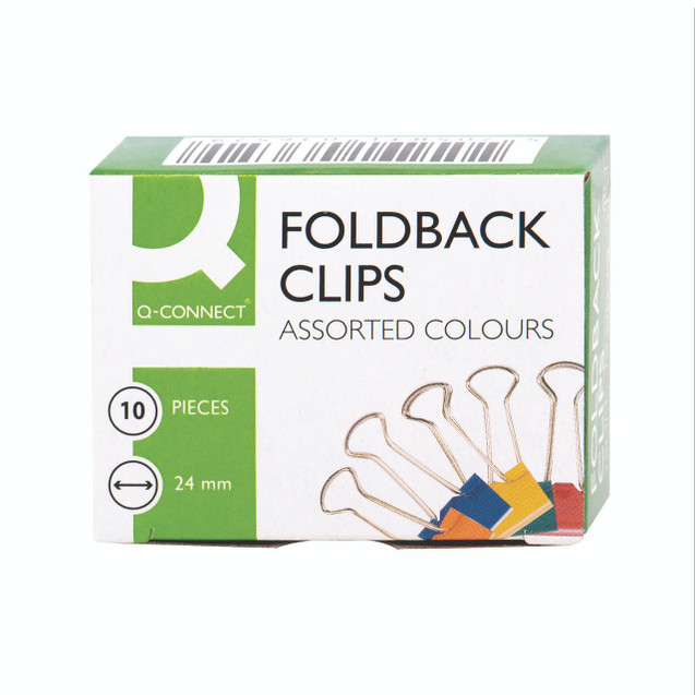 Q-Connect Foldback Clip Assorted PK10, packaging of ten colorful foldback clips with 24 mm size, suitable for organizing documents and papers.