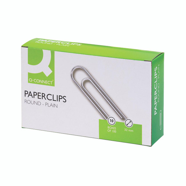 CW Office Q-Connect 32MM 100 Paperclip PK10, plain round metal paperclips in a box