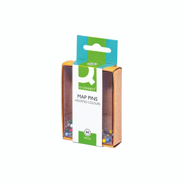 CW Office Q-Connect Assorted Map Pins PK600, a box of 60 assorted colored map pins in a plastic container with a cardboard sleeve.
