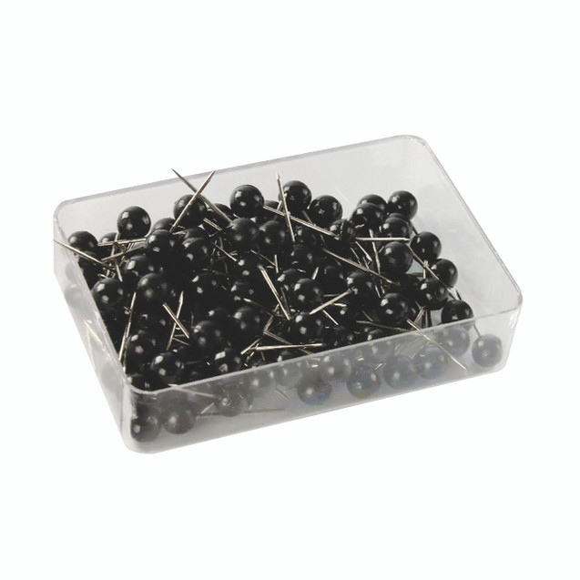 CW Office Map Pins Black 4.5MM Spherical PK100, small black spherical map pins with metal points in a clear plastic container.