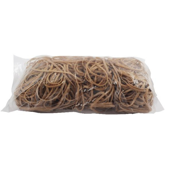 CW Office Size 40 Rubber Bands 454G, image of a transparent plastic bag filled with brown rubber bands