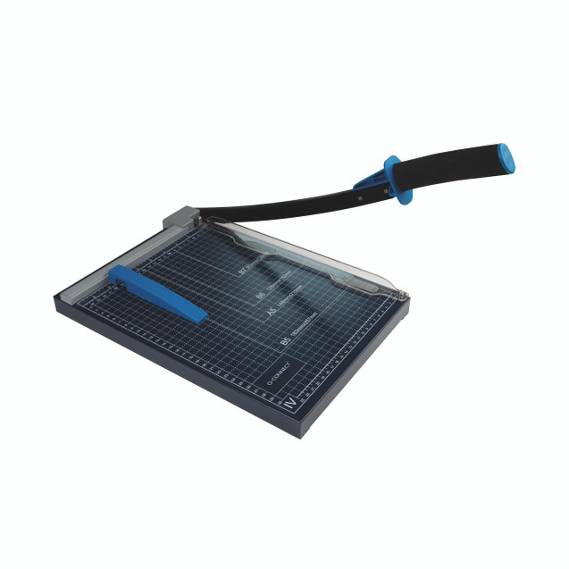 CW Office Q-Connect A4 Guillotine 10 Sheet Cap, a metal paper cutter with a black and blue handle and a clear safety guard, designed for precise cutting of A4 paper.