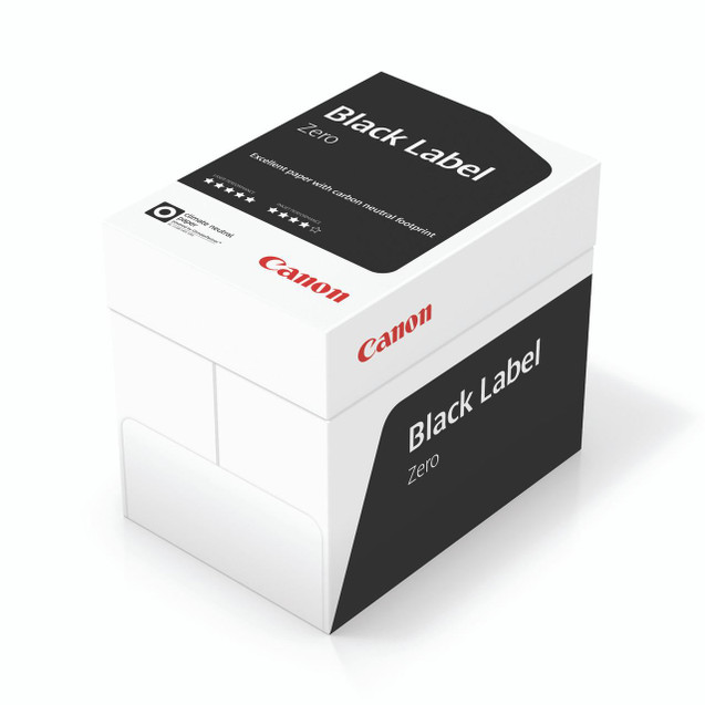 Product CW Office Canon BLK LB PPR A4 75GSM WHT BX2500, white paper box with black and red label design for high-quality A4 printing paper.