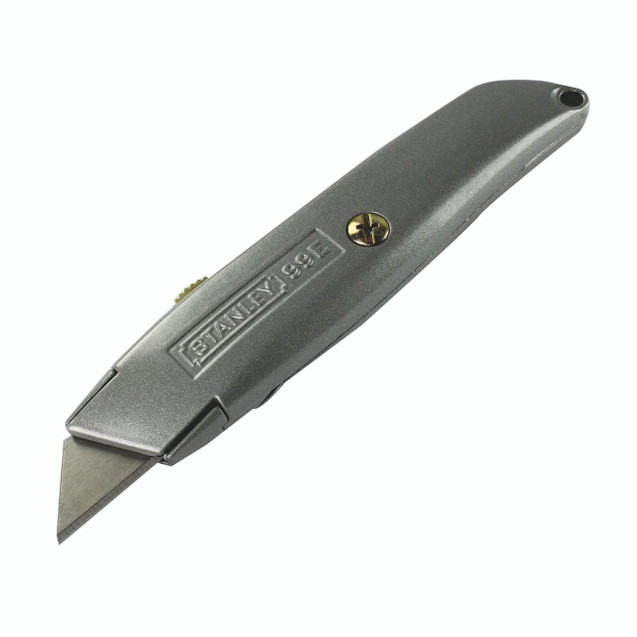 CW Office Stanley Knife Retractable 99E, durable gray metal utility knife with a sharp blade for cutting jobs.