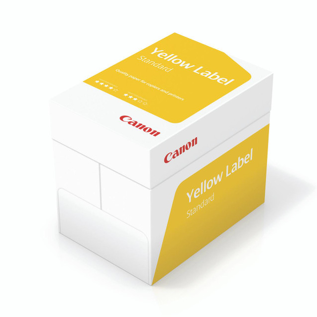 CW Office Canon A4 Yellow Label Paper 5XREAMS, white box with yellow labels and Canon branding for office use.